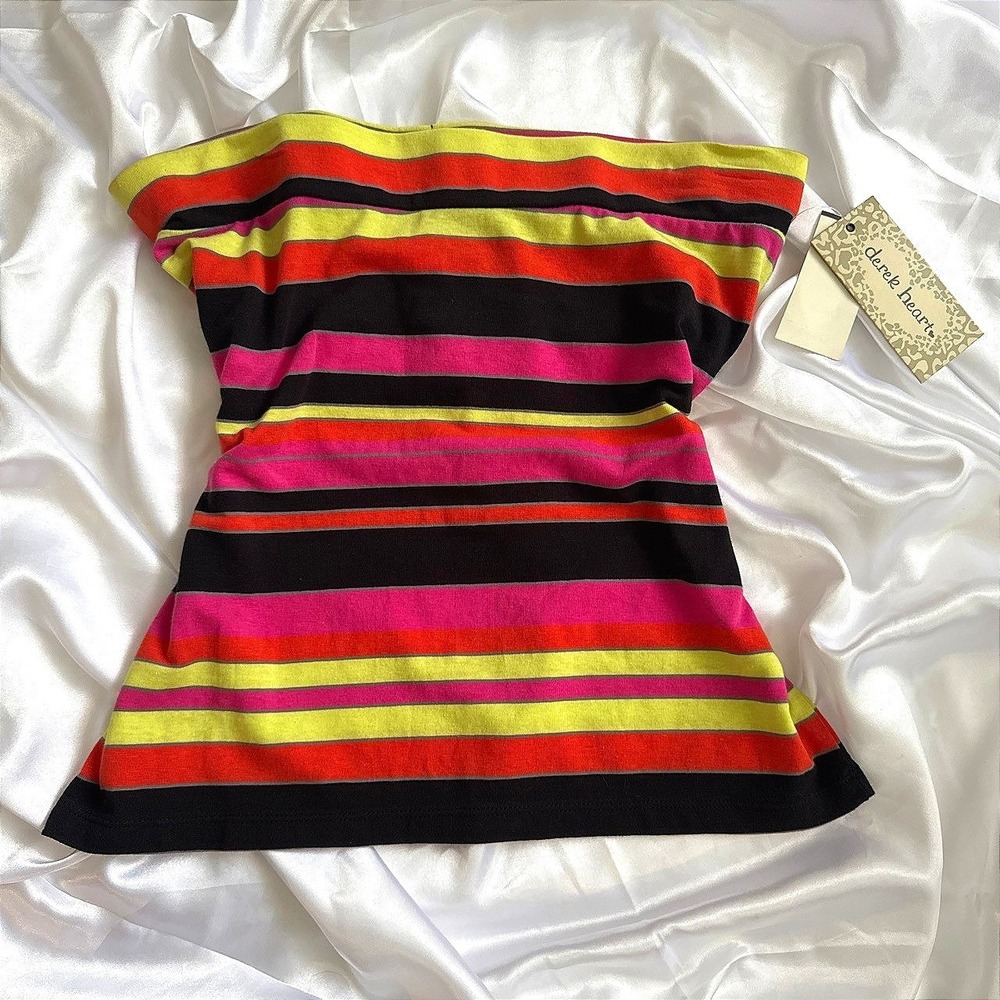 Derek Heart Womens Striped Tube Top Pink Orange Yellow Black Strapless Large NWT